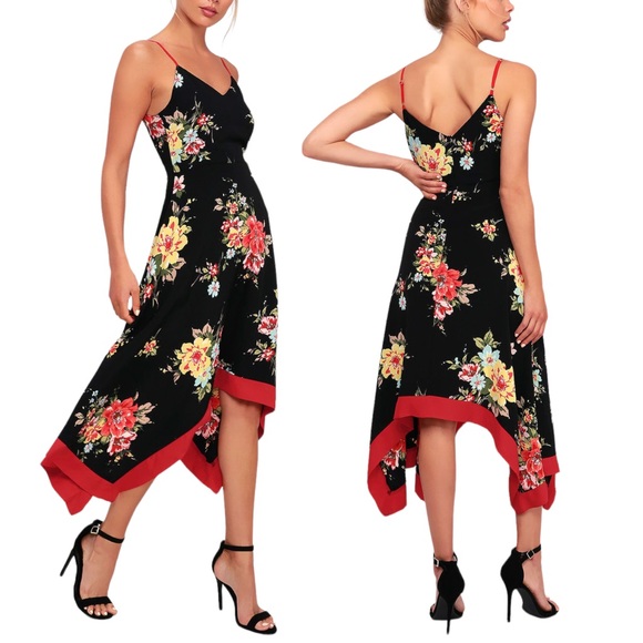 LULU'S Go Fleur a Twirl Black Floral Print Handkerchief Midi Dress. Size Small - Picture 1 of 11